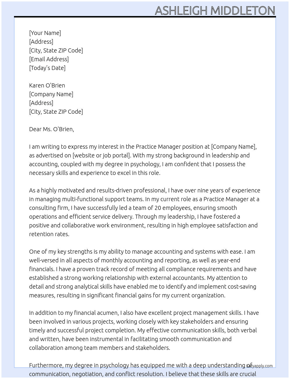 Practice Manager At Australian based Consultancy  Cover Letter