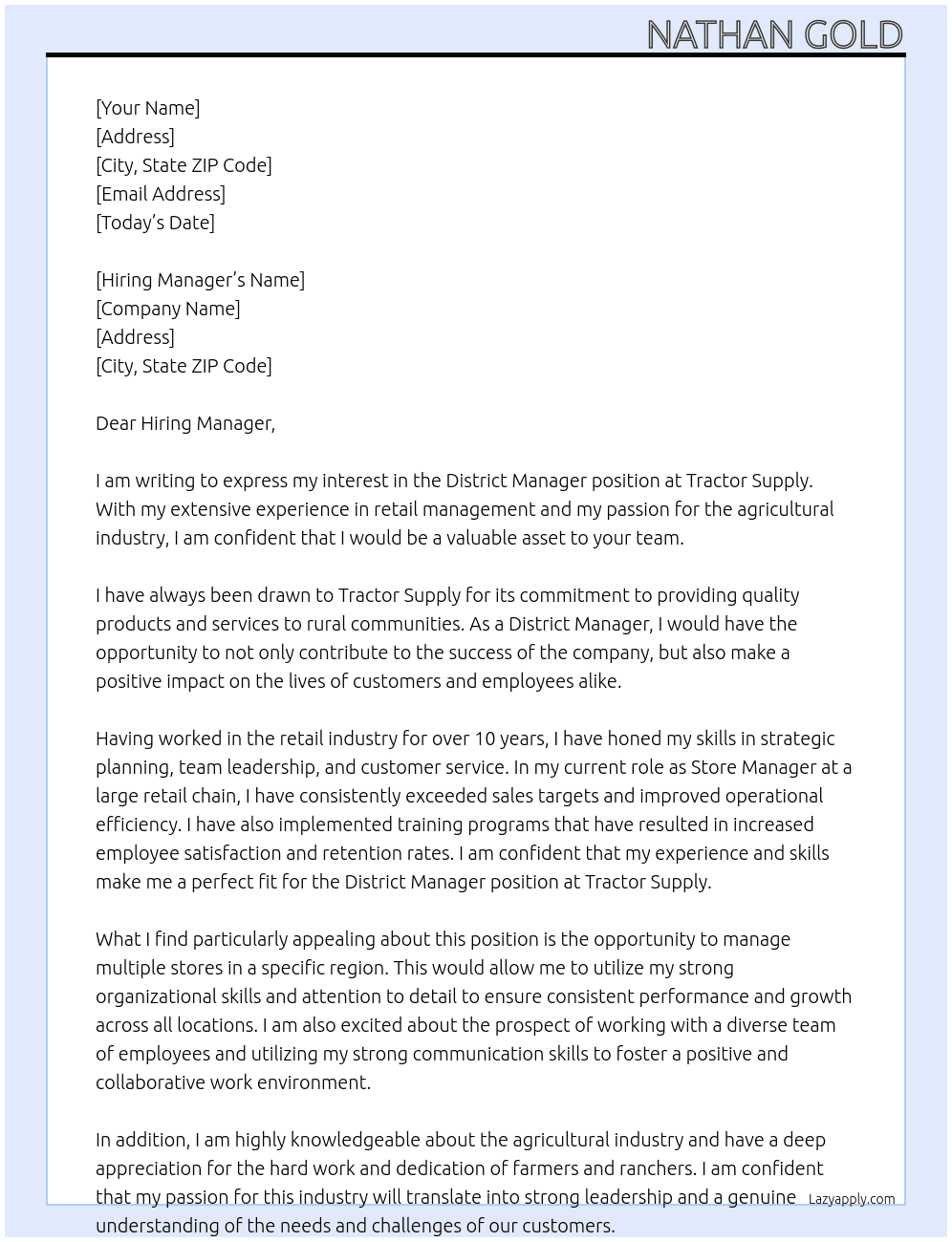 District Manager At Tractor Supply Cover Letter