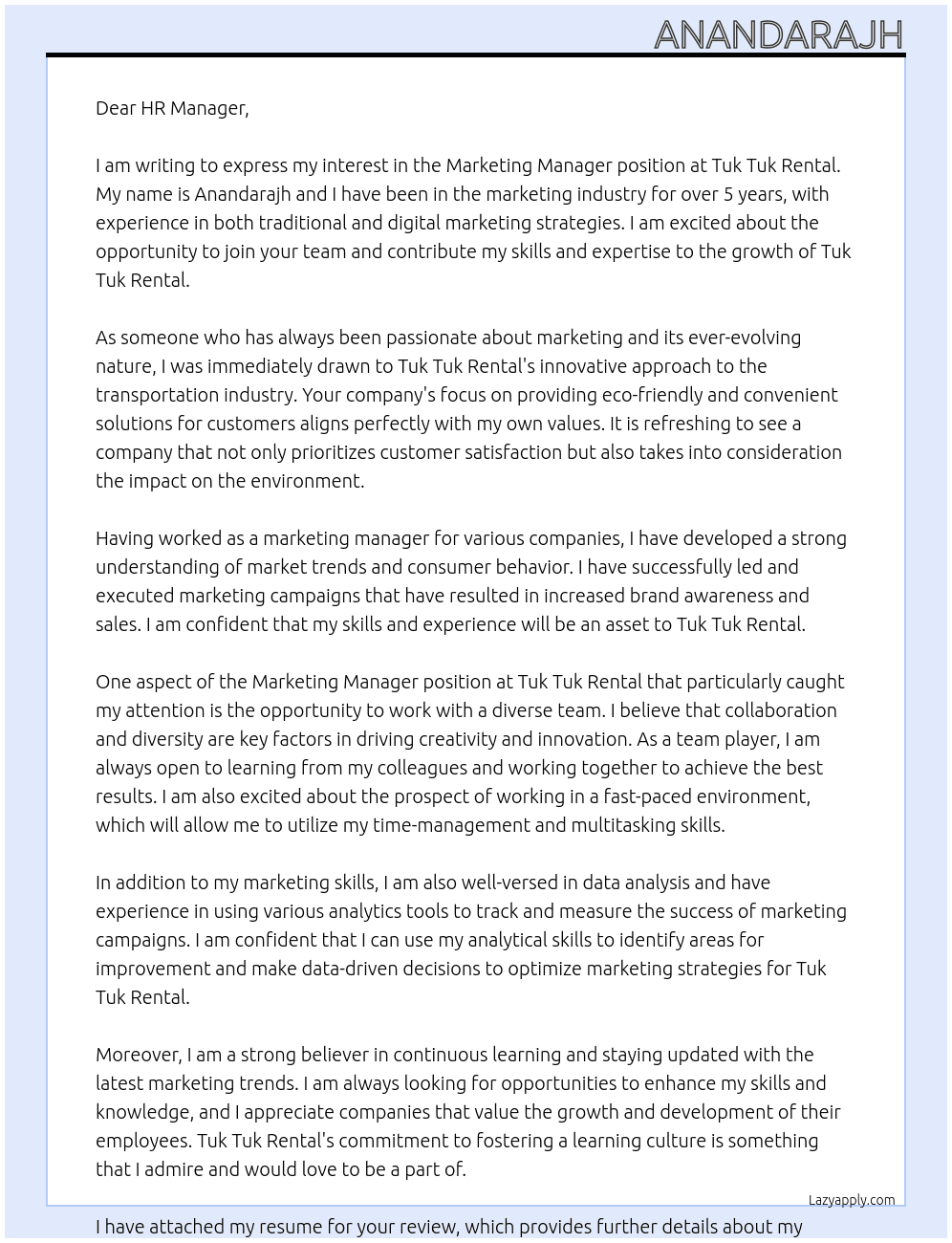 Marketing manager  At Tuk tuk rental Cover Letter