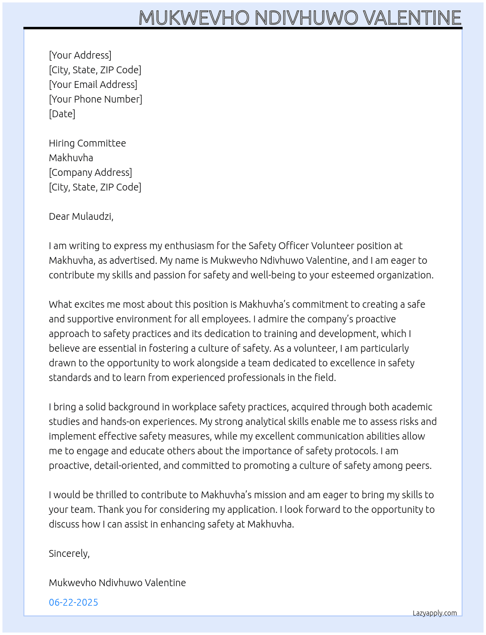 Cover letter for safety officer volunteer - LazyApply