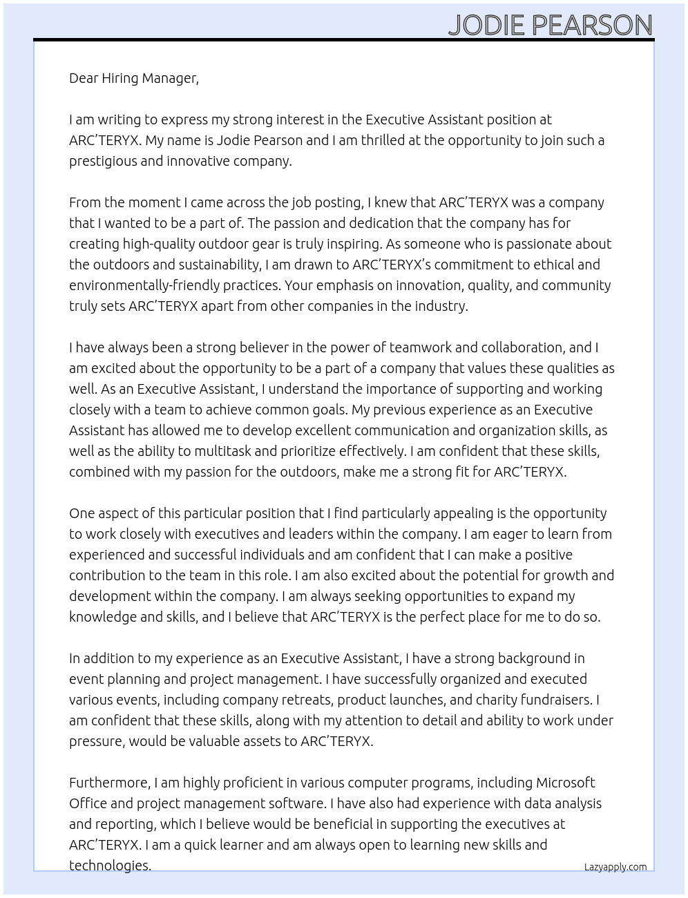 Executive Assistant At ARC’TERYX Cover Letter