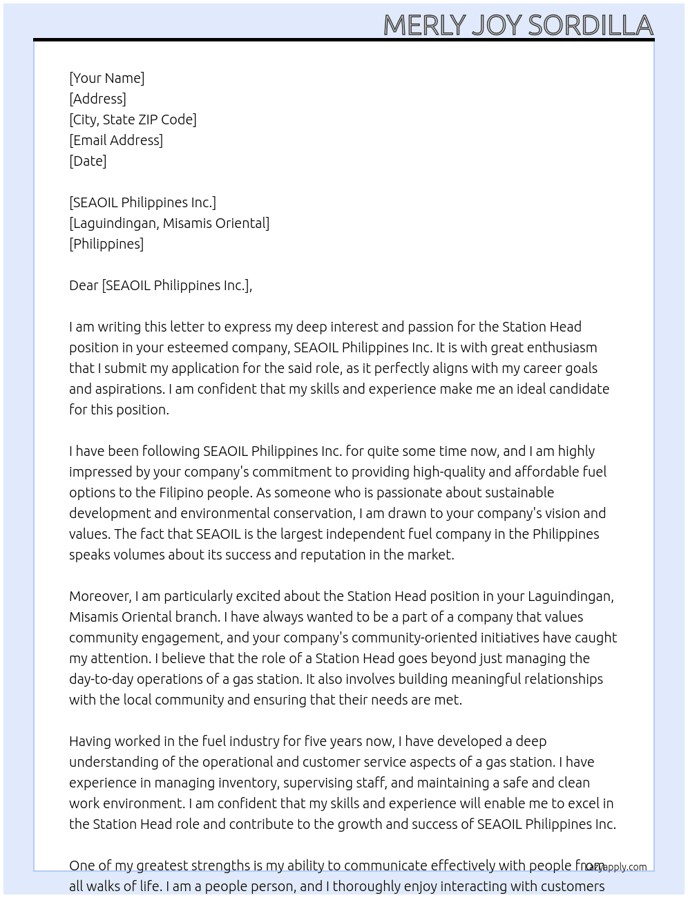 Station Head At SEAOIL Philippines Inc. Laguindingan Misamis Oriental Cover Letter