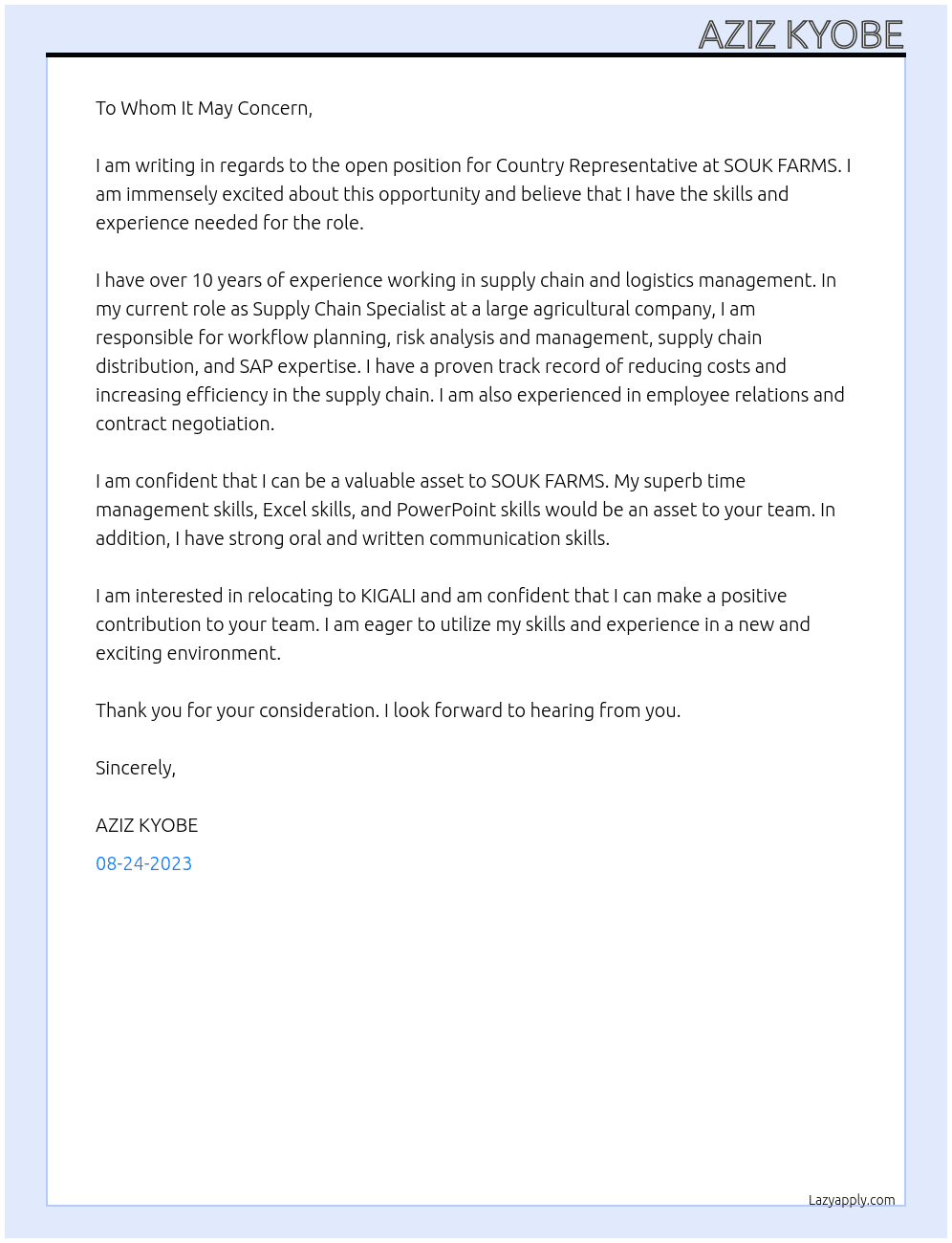 Country Representative At Supply Chain Specialist at SOUK FARMS Cover Letter
