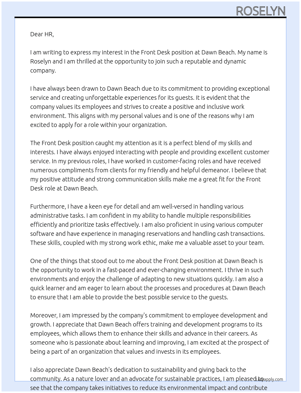 front desk At Dawn Beach Cover Letter