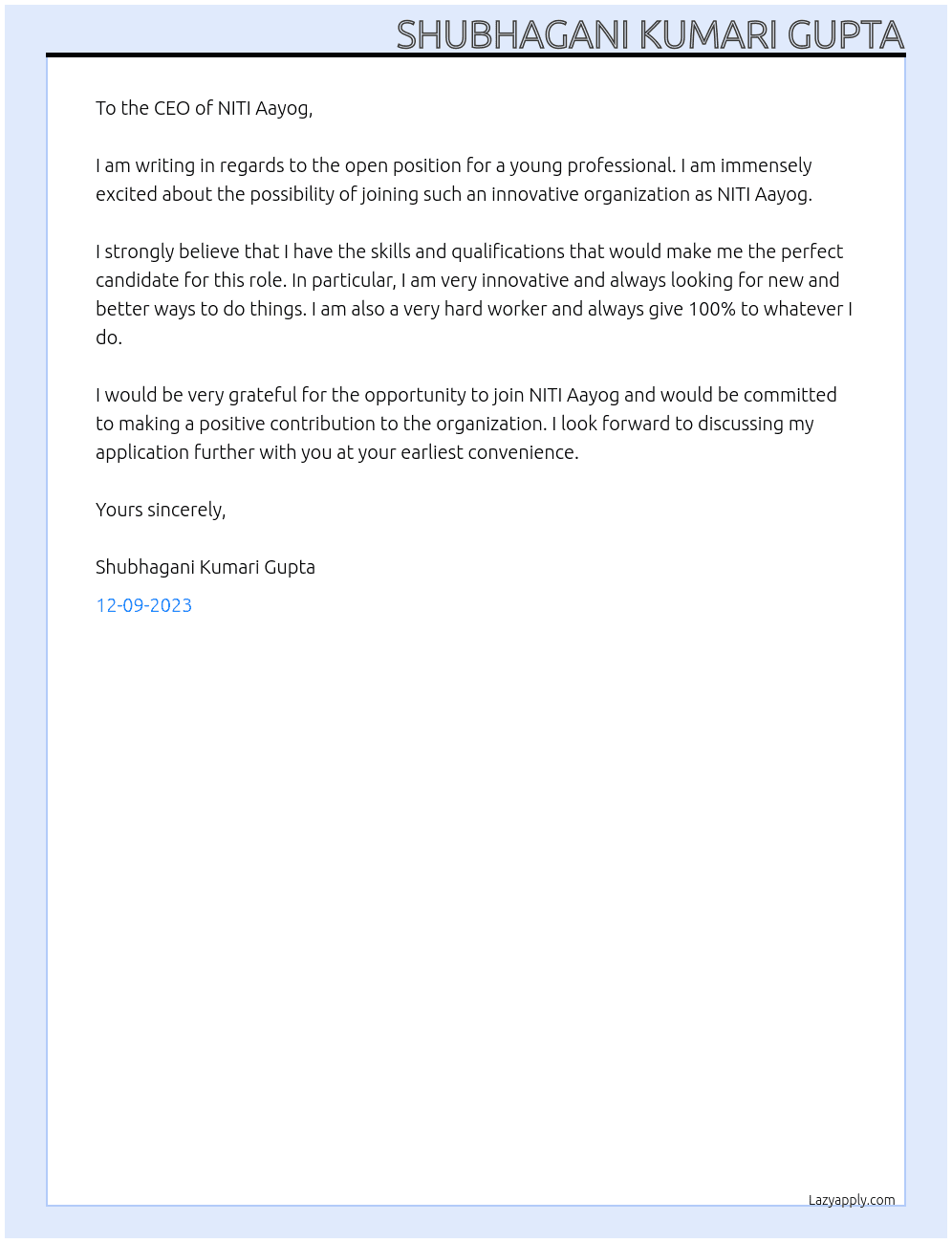 Young professional At NITI Aayog Cover Letter