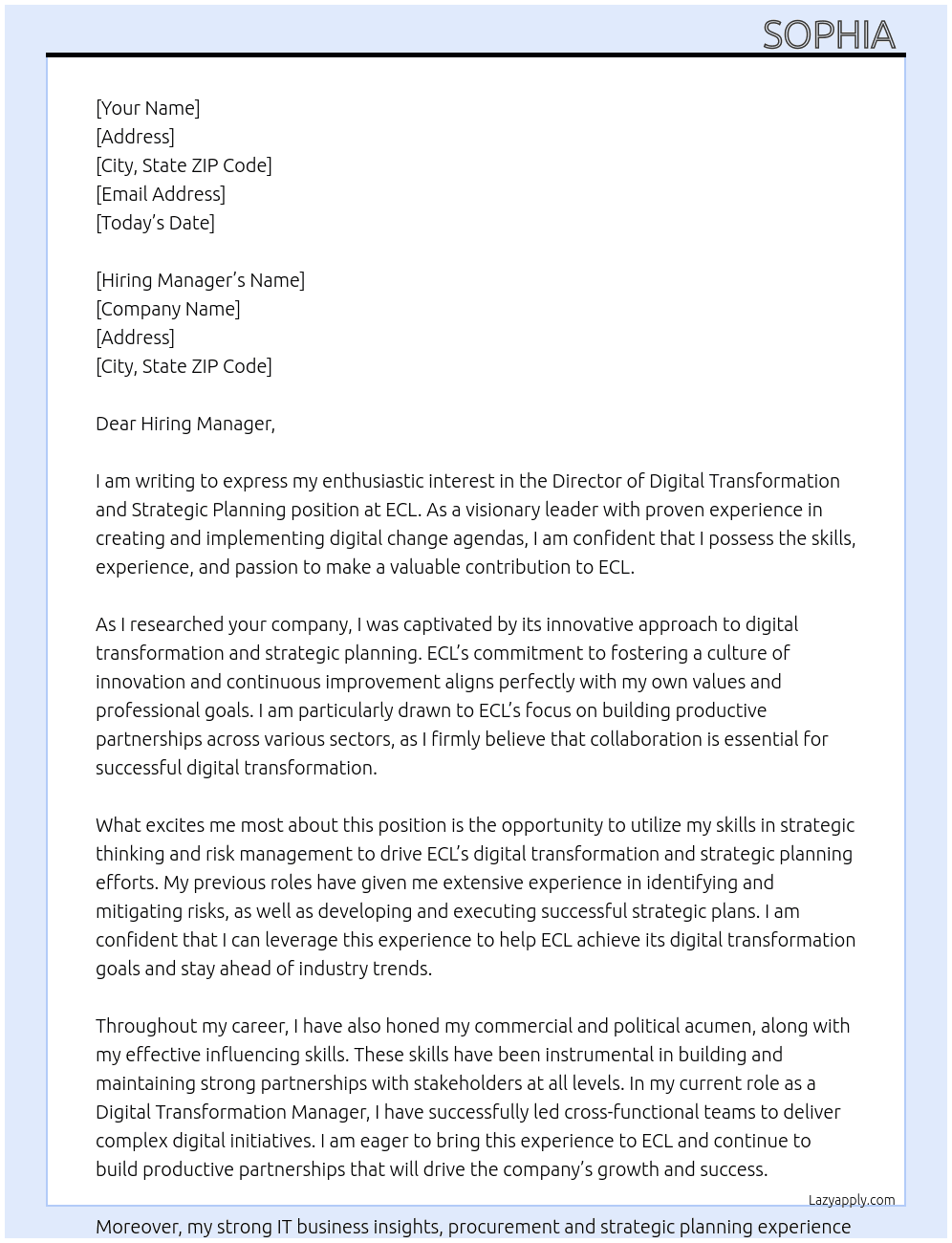 Director of Digital Transformation and Strategic Planning At ECL Cover Letter