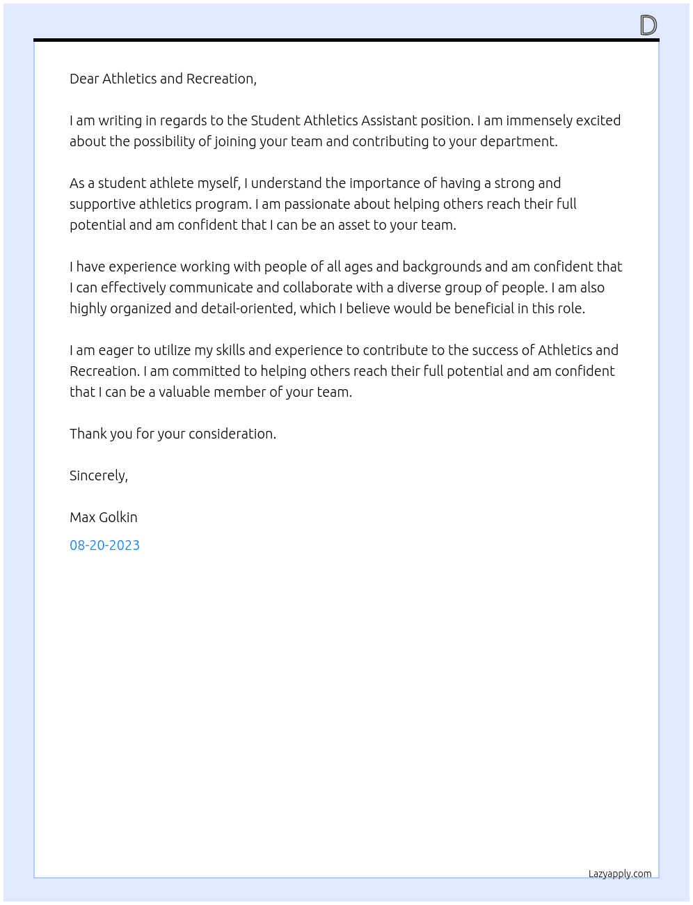  Student Athletics Assistant At Athletics and Recreation Cover Letter
