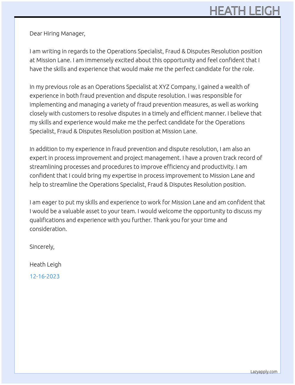 Operations Specialist, Fraud & Disputes Resolution At Mission Lane Cover Letter