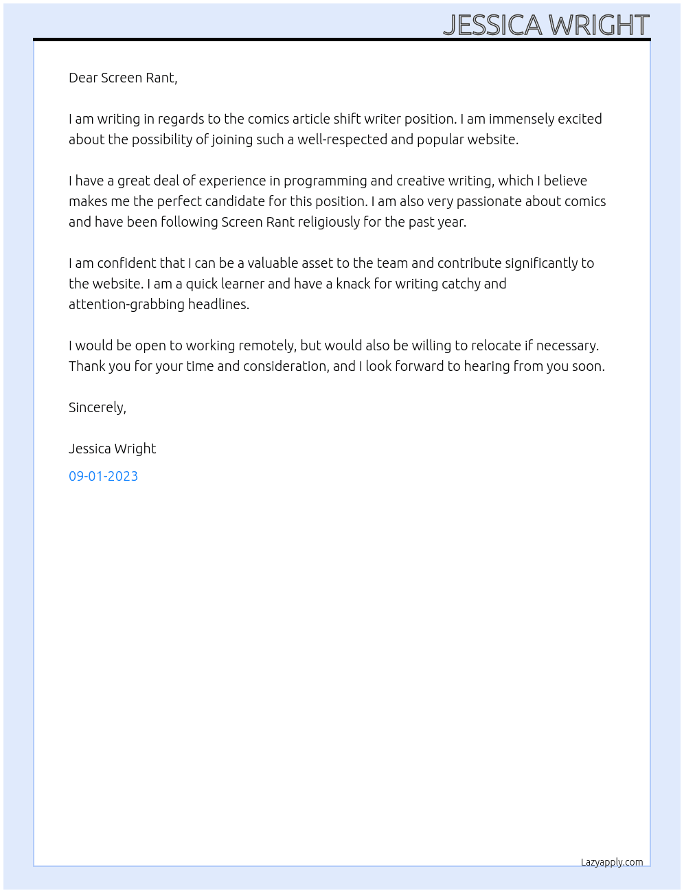 Comics Article Shift Writer At Screen Rant Cover Letter