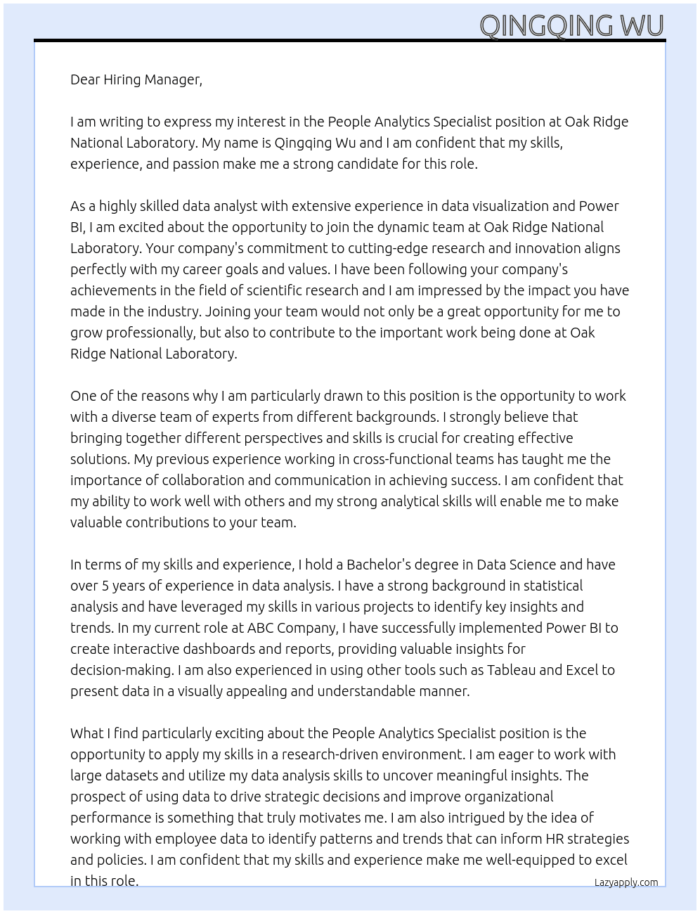 People Analytics Specialist At Oak Ridge National Laboratory Cover Letter