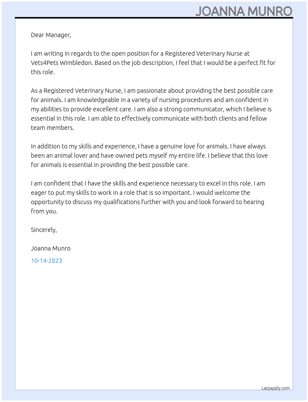 Registered Veterinary Nurse At Vets4Pets Wimbledon Cover Letter