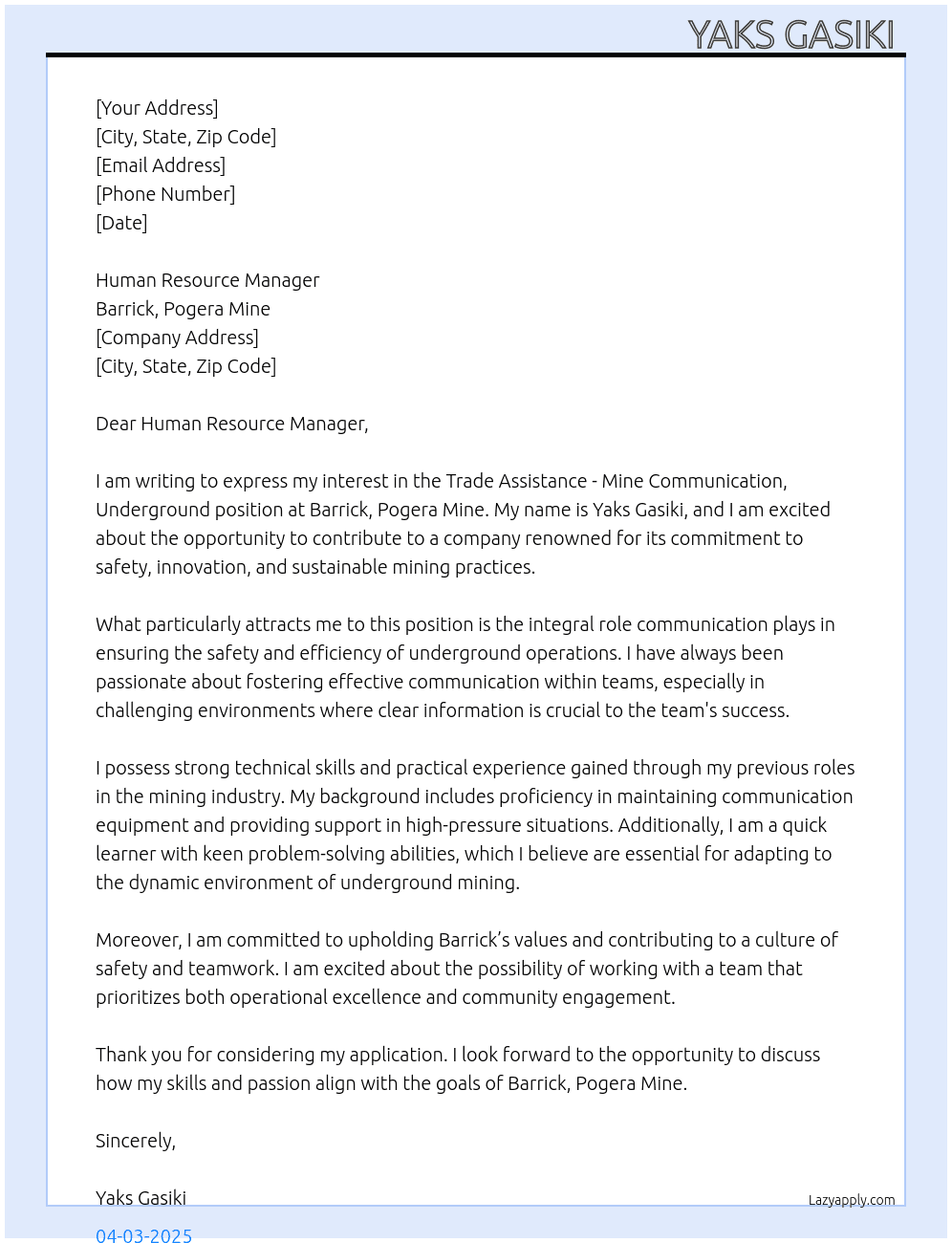 Trade Assistance - Mine Communication, Underground  At Barrick, Pogera Mine Cover Letter