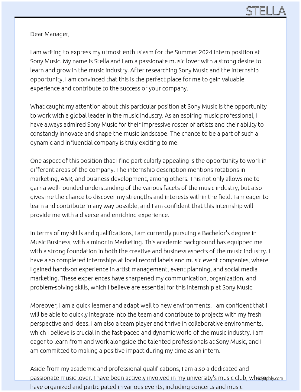 Cover letter for summer 2024 intern - LazyApply