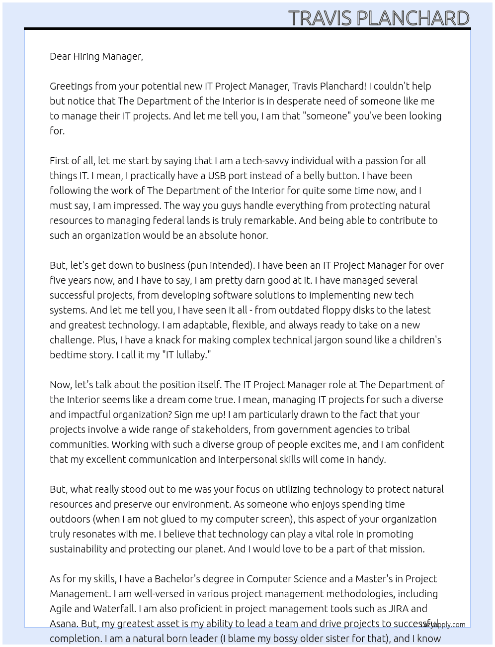 IT Project Manager At The Department of the Interior Cover Letter