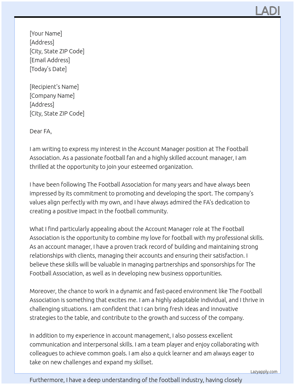 Account Manager At The Football Association Cover Letter
