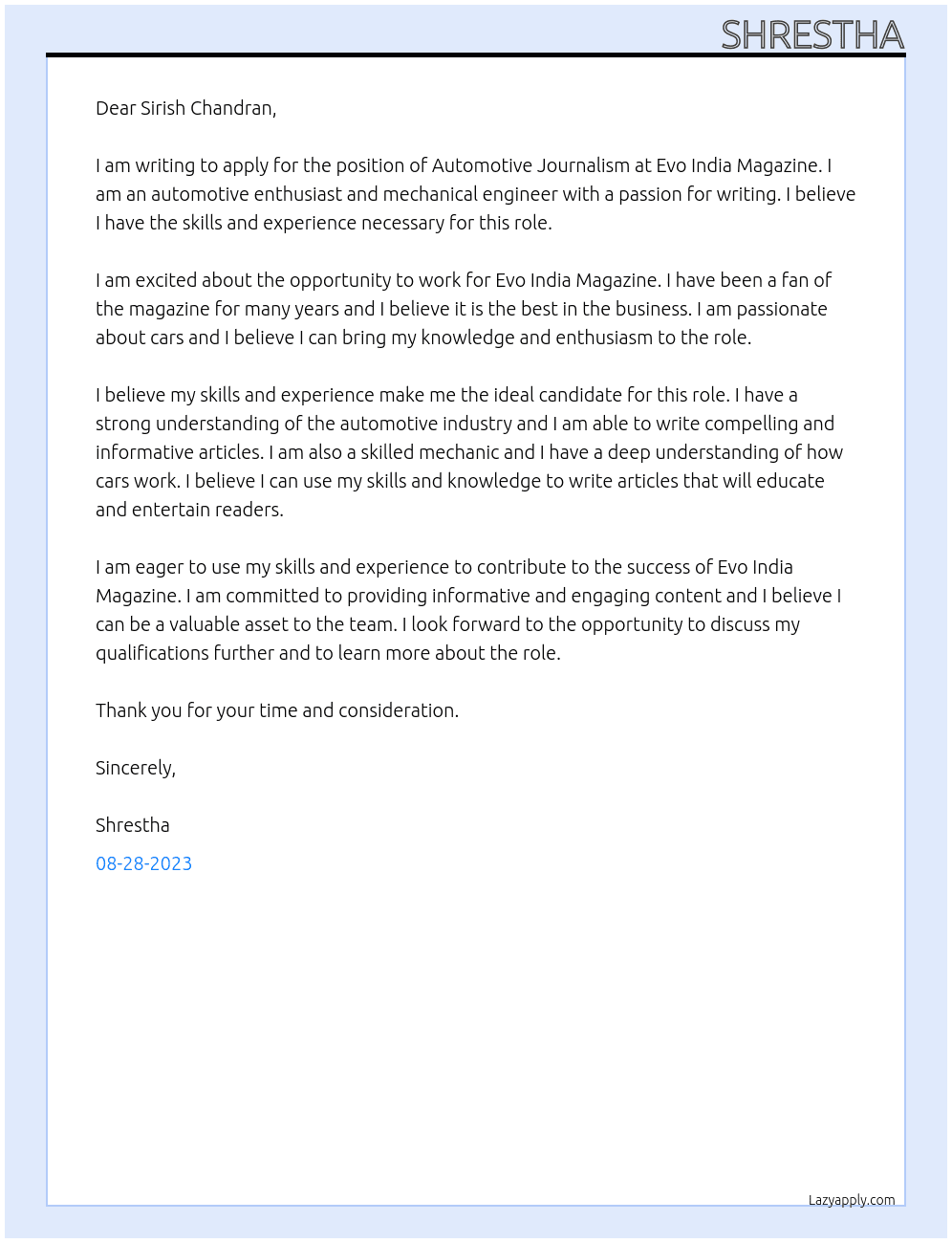 Automotive Journalism At Evo India Magazine Cover Letter