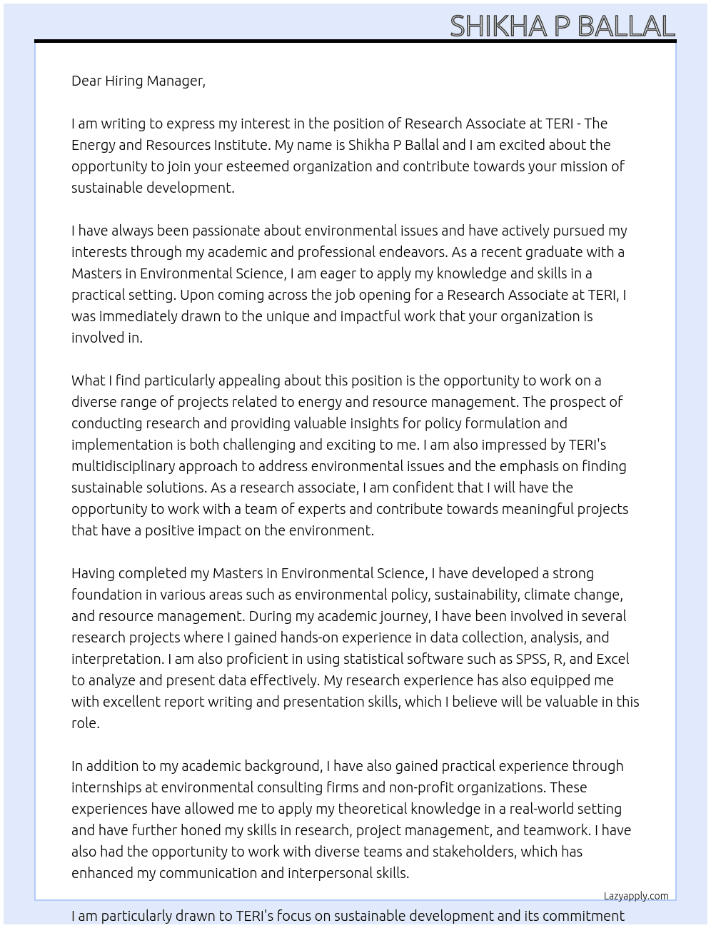Research Associate At TERI - The Energy and Resources Institute Cover Letter
