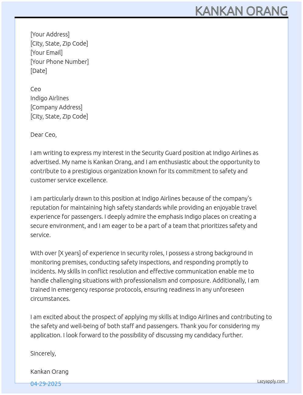 Security guard  At Indigo Airlines  Cover Letter