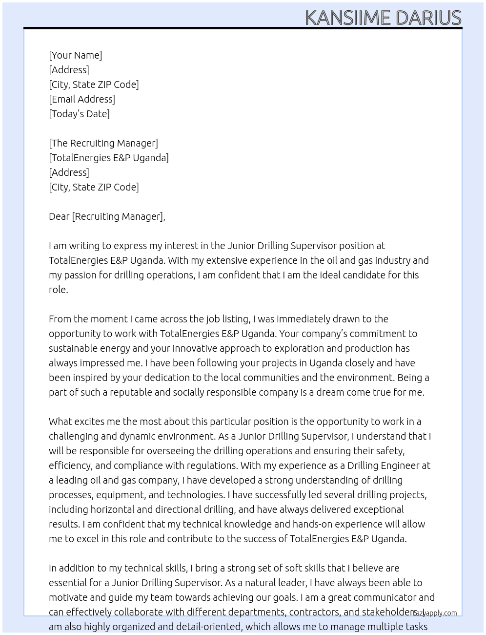 junior drilling supervisor At TotalEnergies E&P Uganda Cover Letter