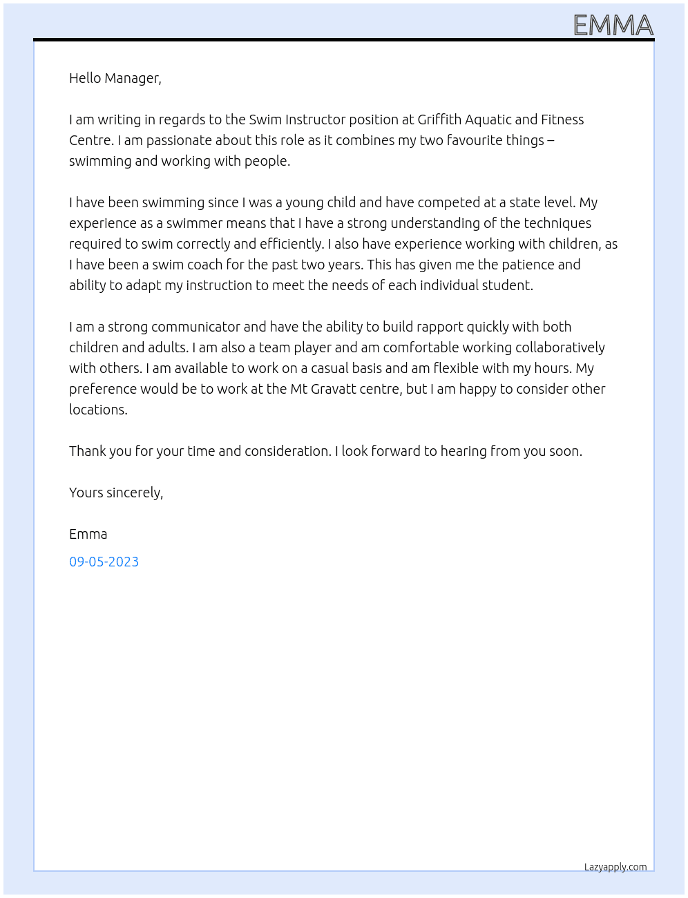 Swim Instructor  At Griffith Aquatic and Fitness Centre Cover Letter