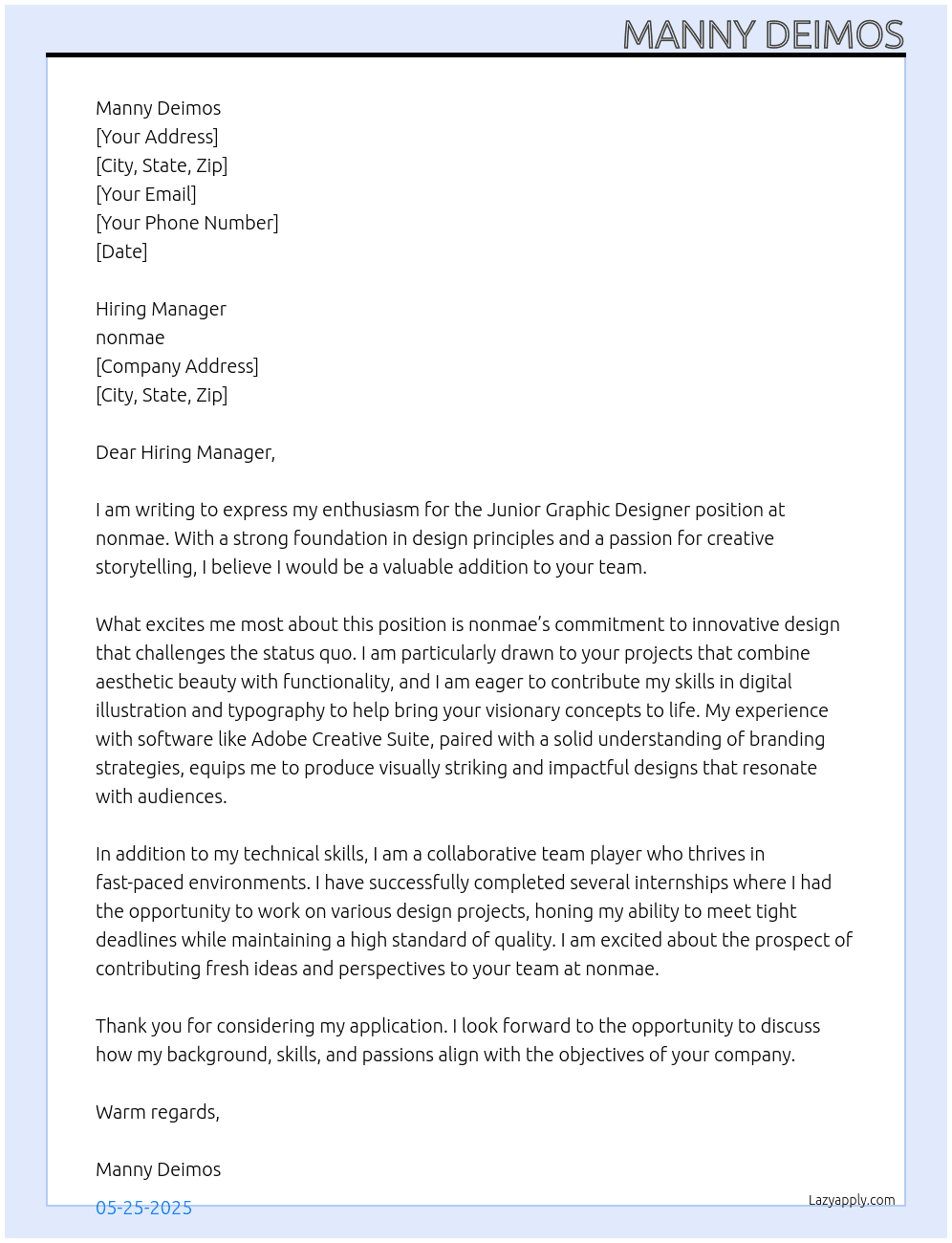 Junior Graphic Designer At nonmae Cover Letter