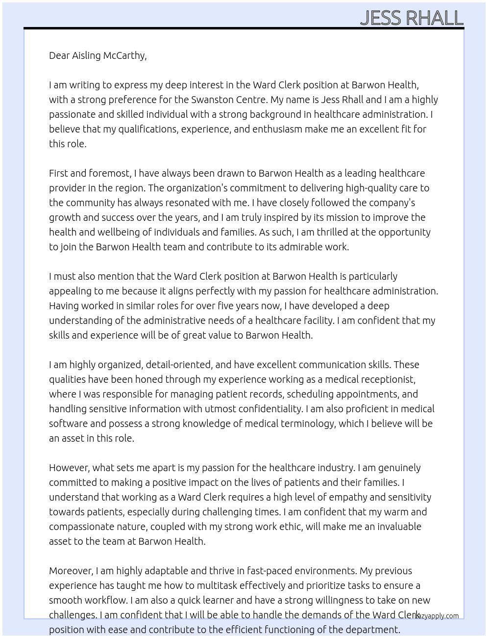 Ward Clerk  At Barwon Health Cover Letter