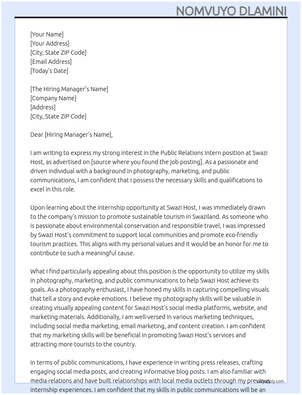 Public Relations Intern At Swazi Host Cover Letter