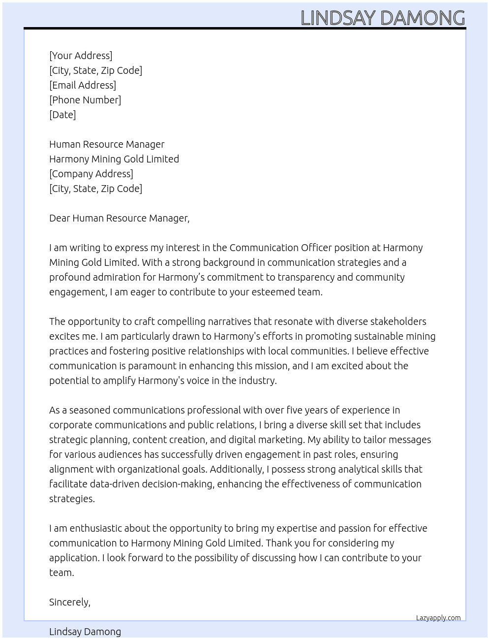 Communication officer At Harmony Mining Gold Limited Cover Letter