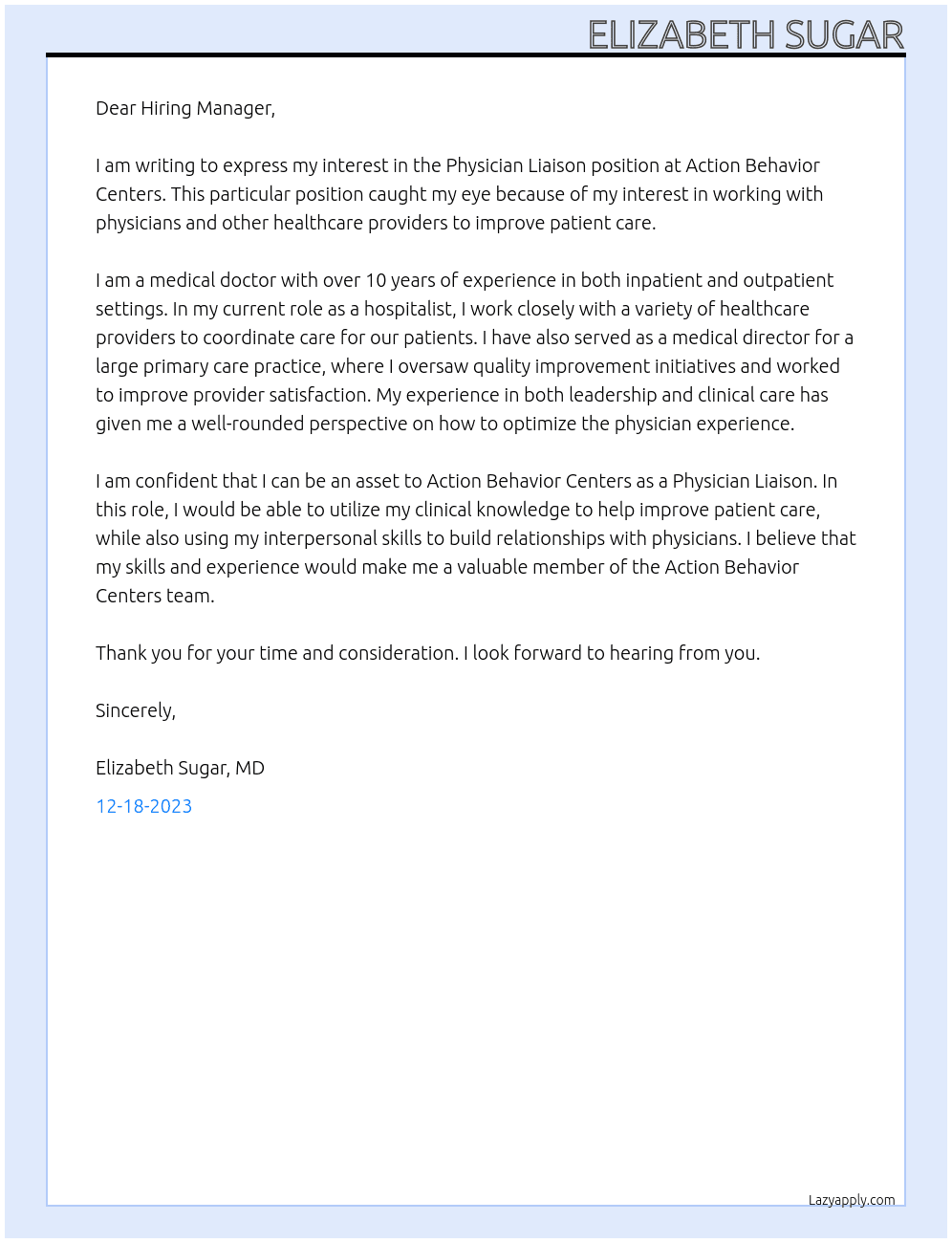 Physician Liaison At Action Behavior Centers Cover Letter