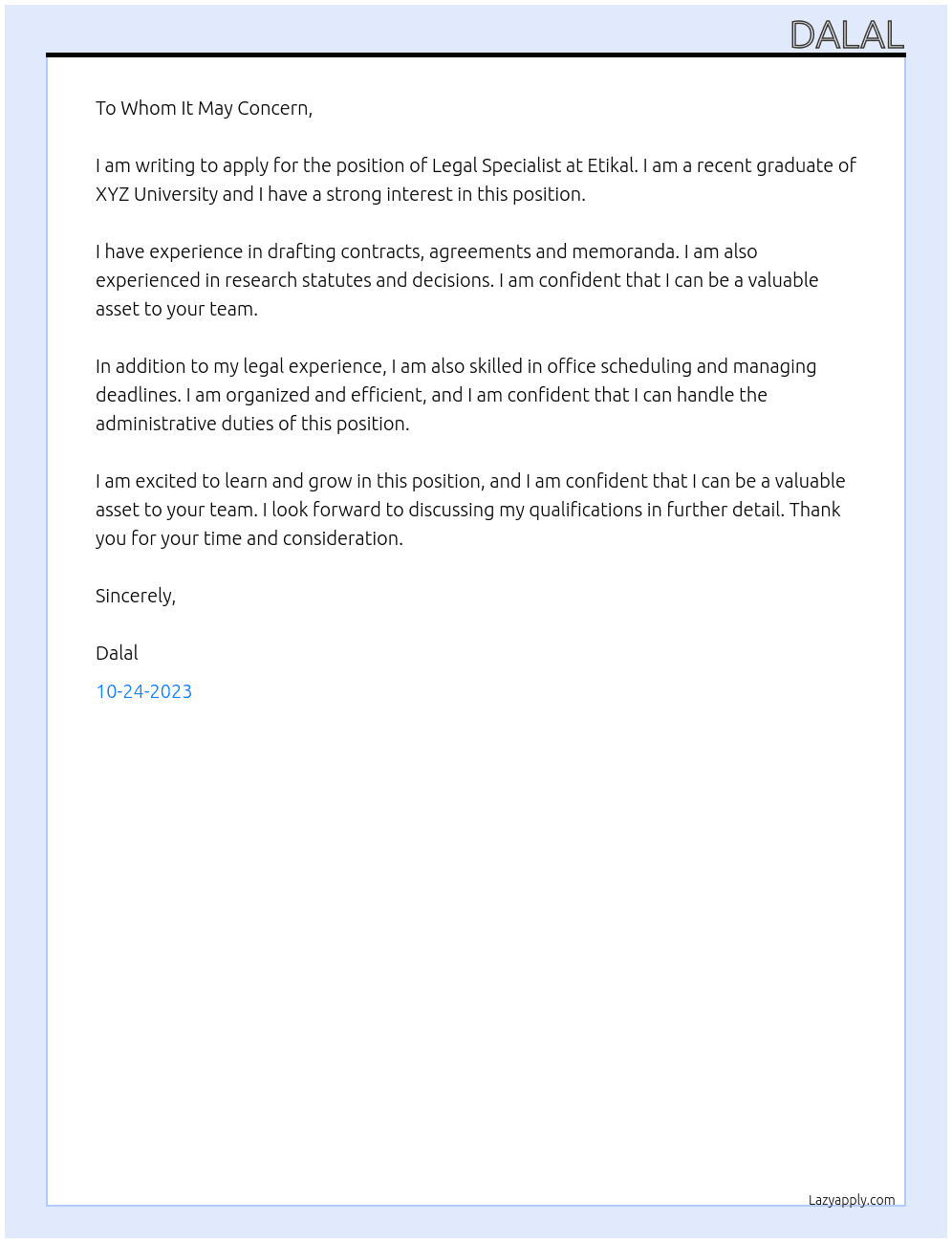 Legal specialist At Etikal Cover Letter