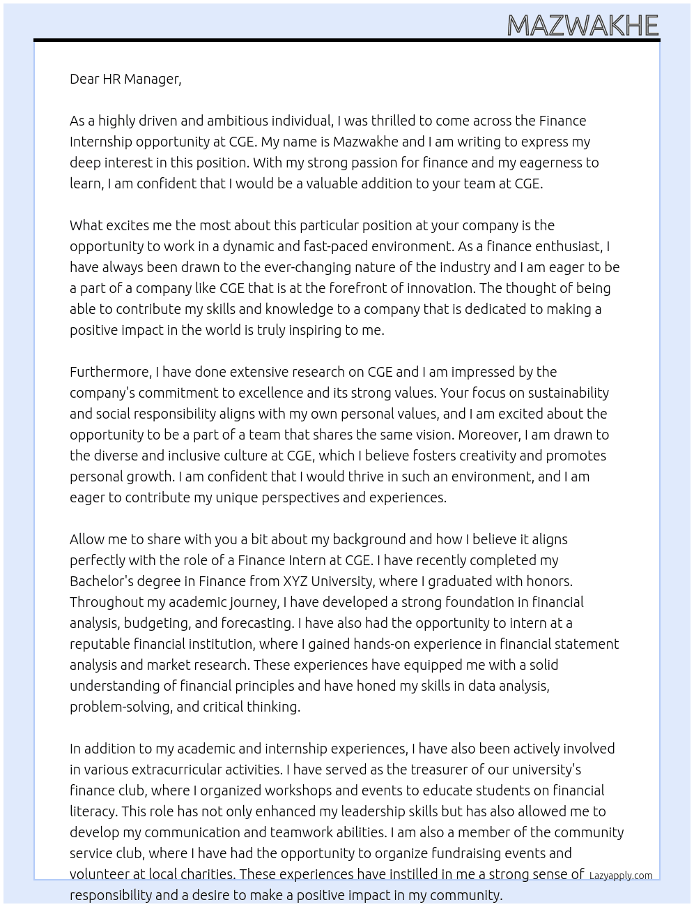 Finance Internship At CGE Cover Letter