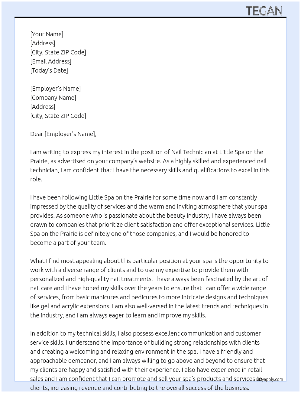 Nail technician  At Little spa on the prairie  Cover Letter