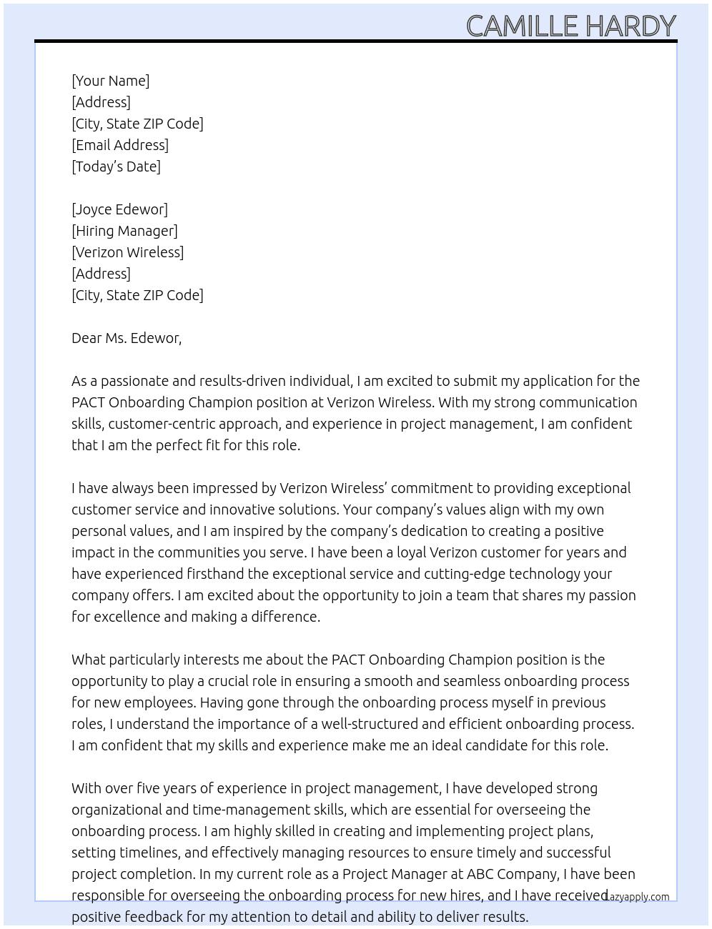 PACT onboarding Champion At Verizon Wireless  Cover Letter