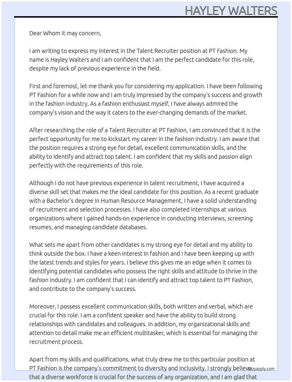 Talent recruiter At PT fashion Cover Letter