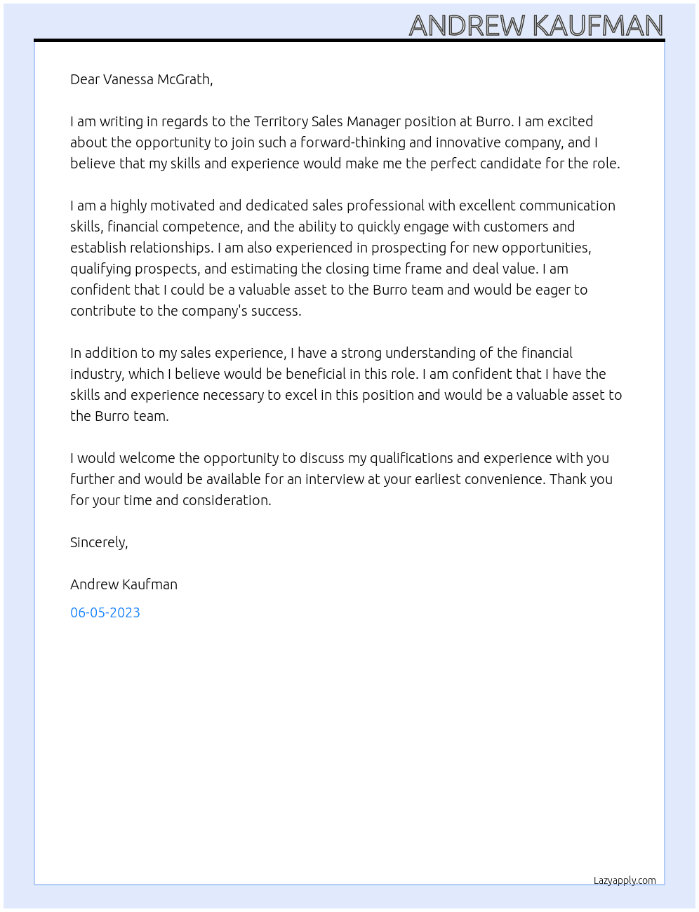 Territory Sales Manager At Burro Cover Letter