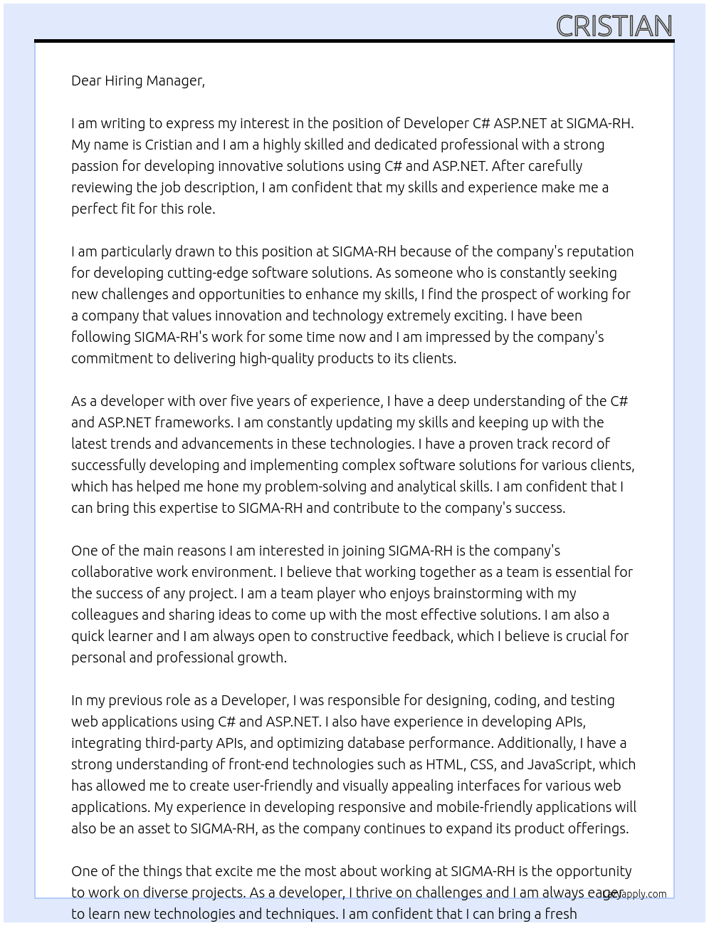 Developper C# ASP.NET At SIGMA-RH Cover Letter