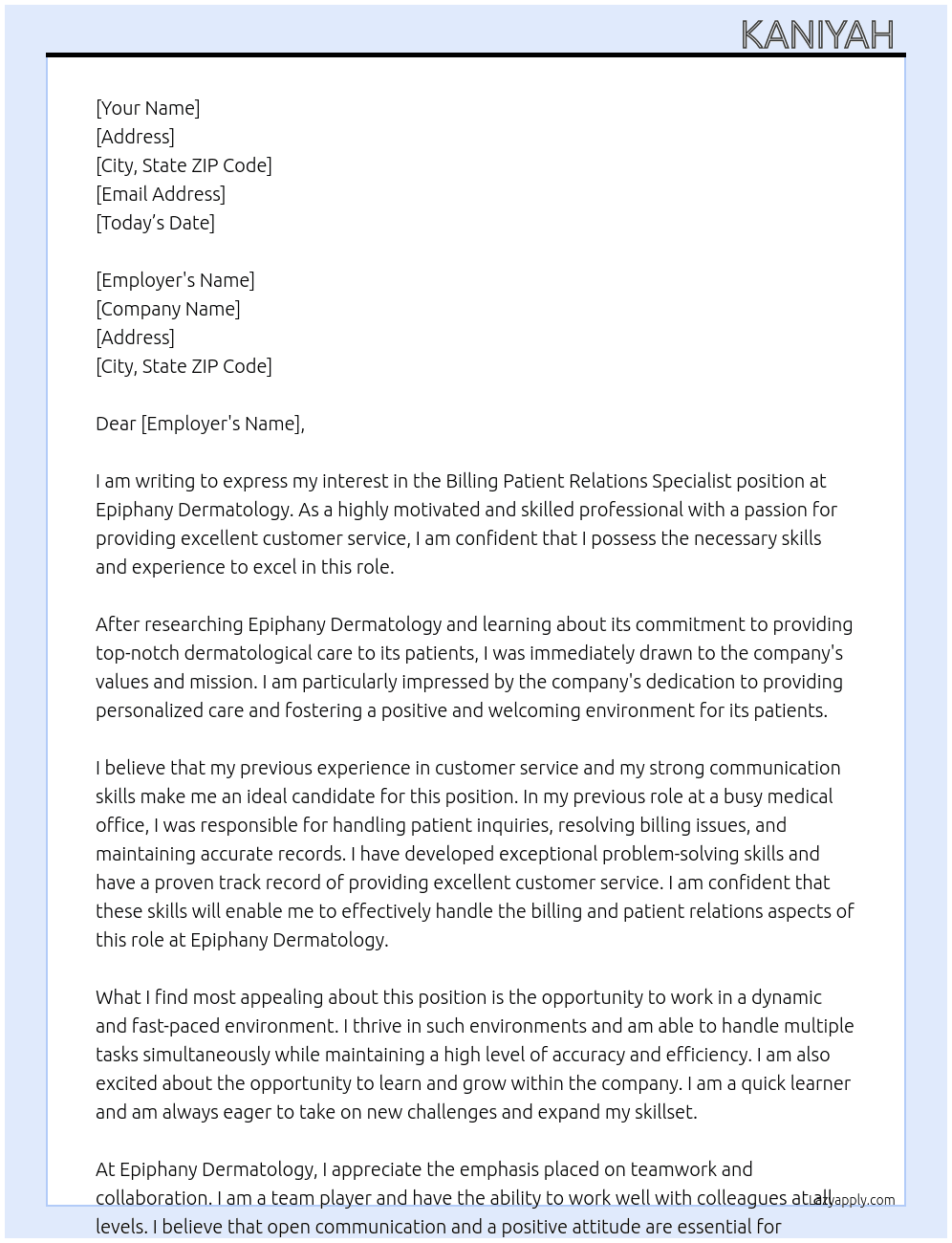 Billing Patient Relations Specialist  At Epiphany Dermatology Cover Letter