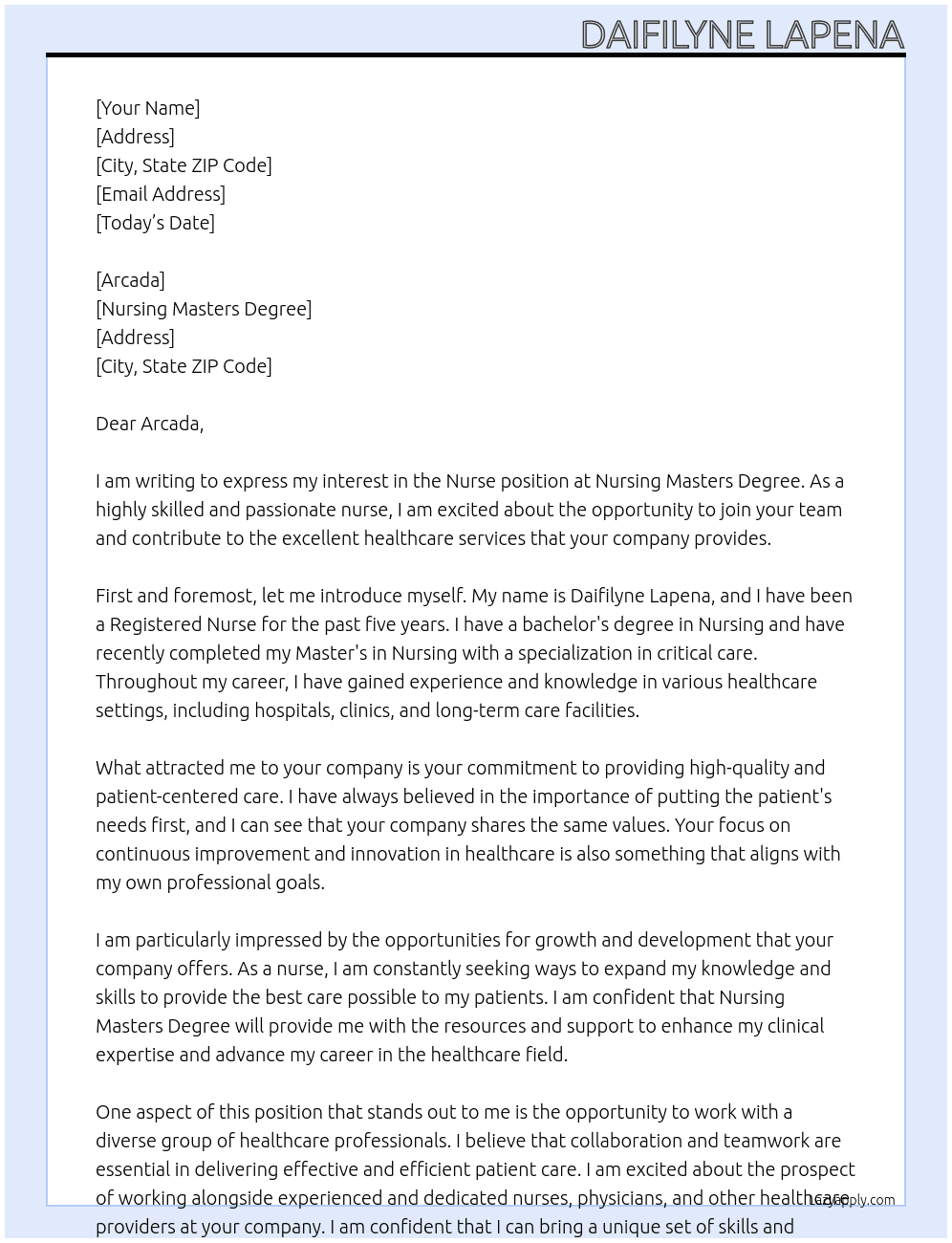 Nurse At  Nursing masters degree Cover Letter