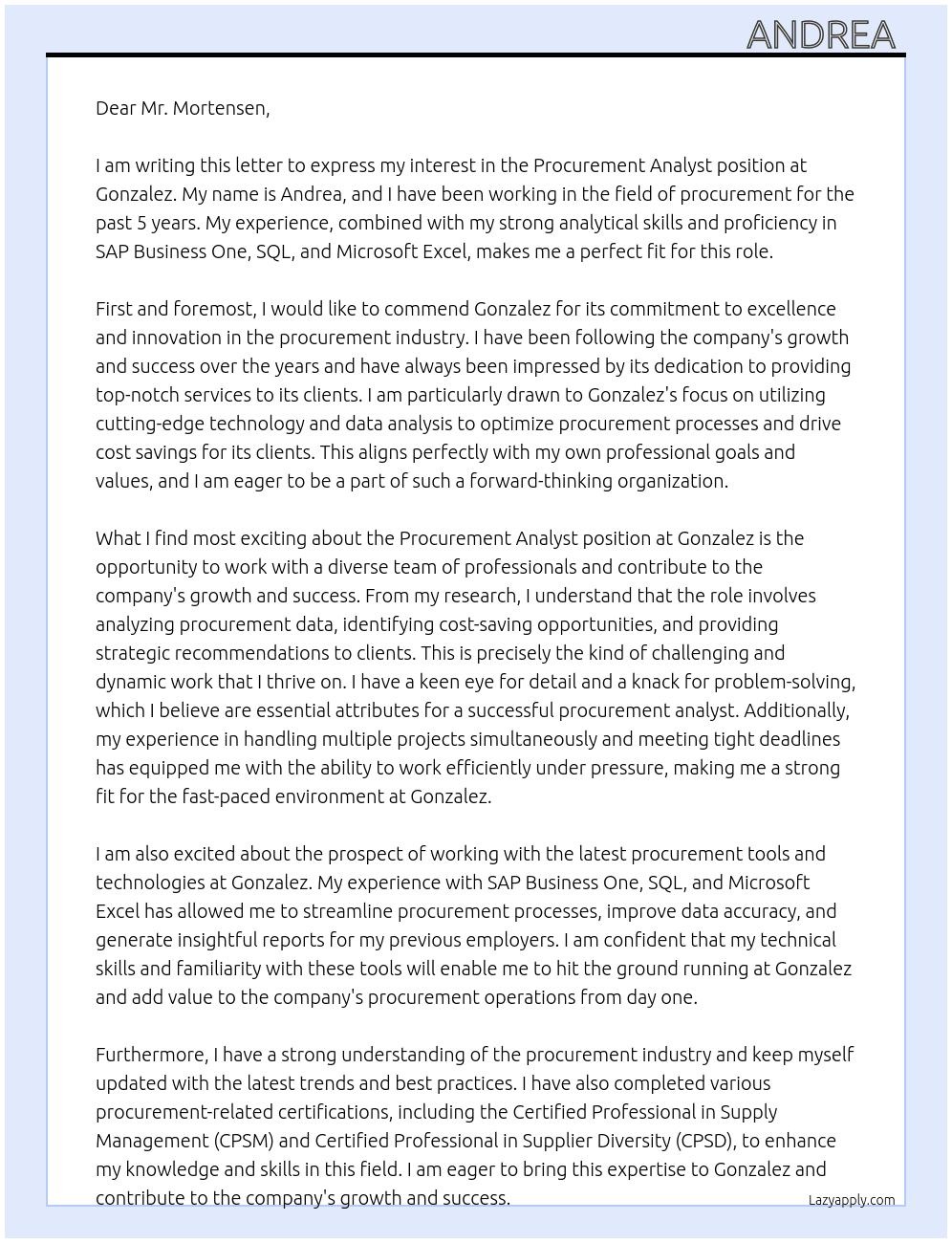 Procurement Analyst At Gonzalez Cover Letter