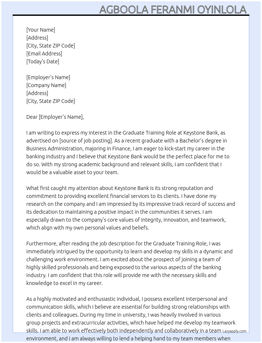 Graduate training  At Keystone  Cover Letter