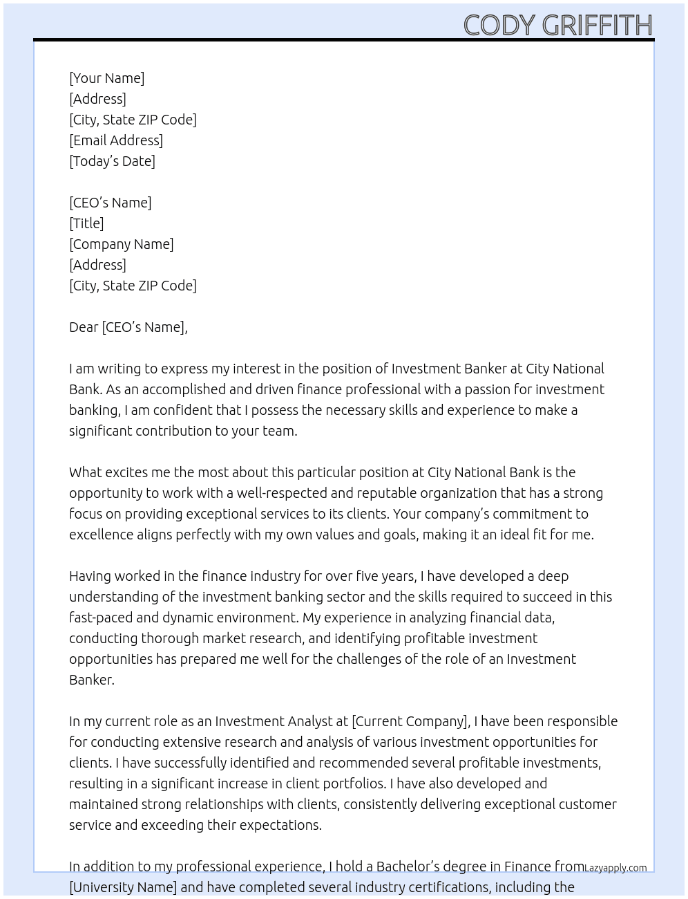 Investment Banker At City National Bank Cover Letter