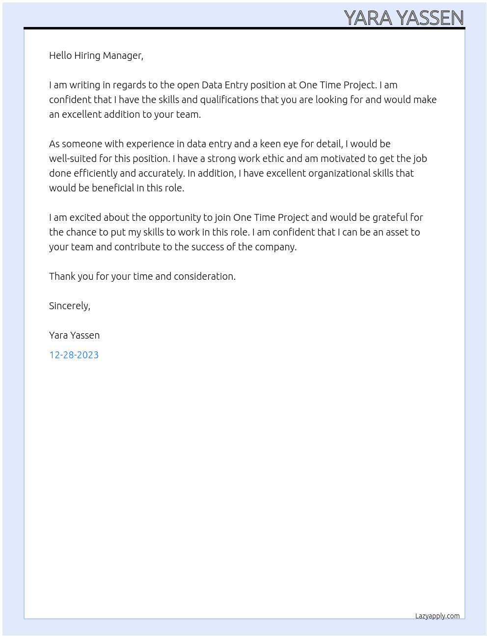 Data entery At one time project Cover Letter