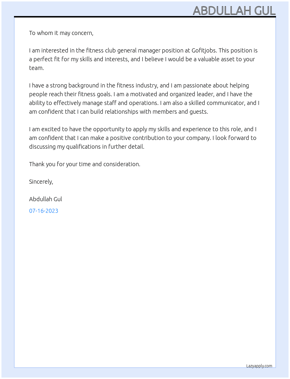 Fitness club general manager  At Gofitjobs Cover Letter