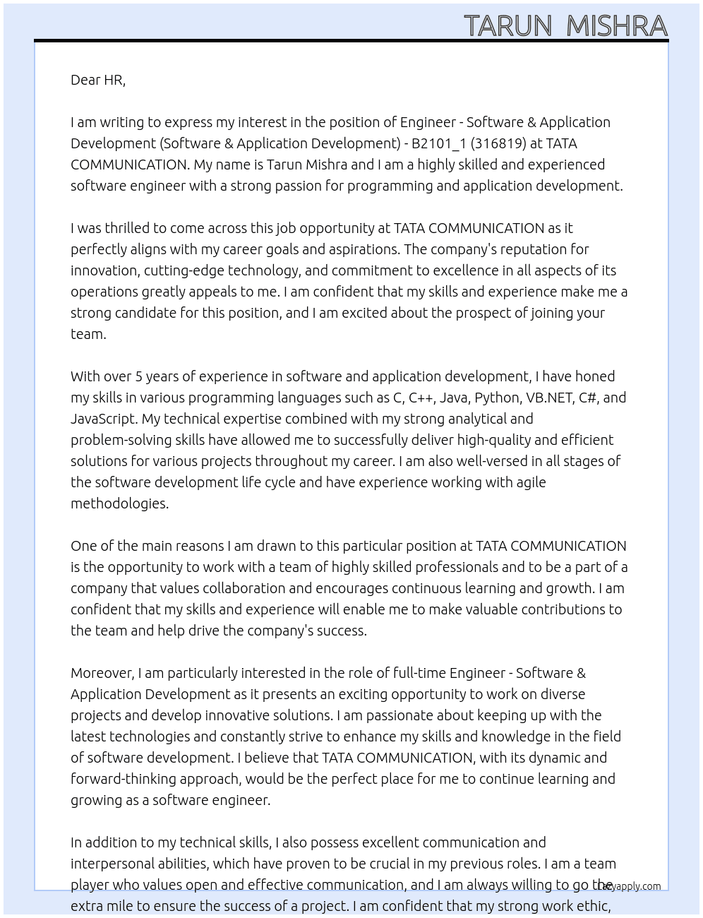 Engineer - Software & Application Development (Software & Application Development) - B2101_1 (316819) At TATA COMMUNICATION Cover Letter