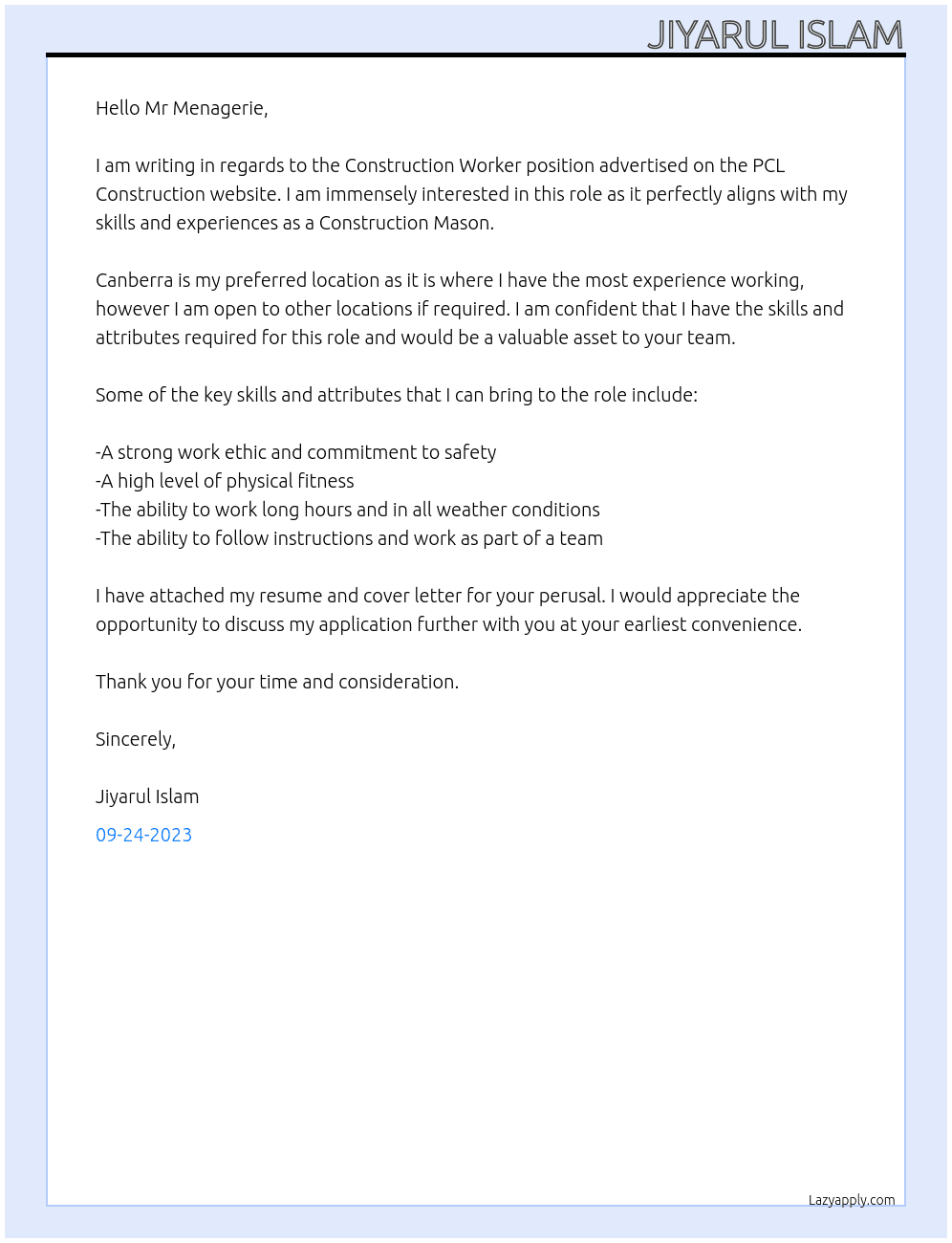 Construction warkar  At Pcl construction  Cover Letter
