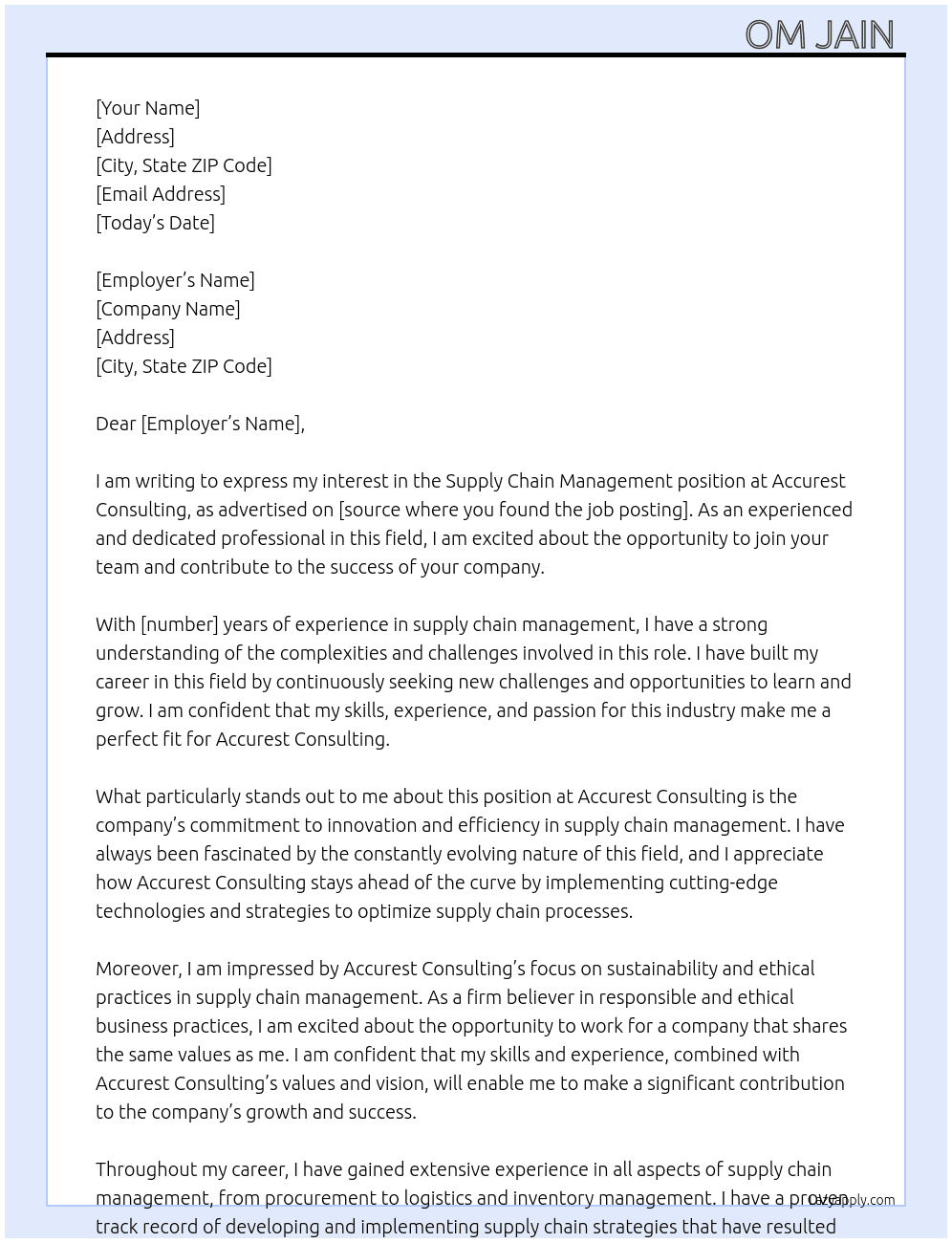 Supply Chain Management At Accurest Consulting Cover Letter
