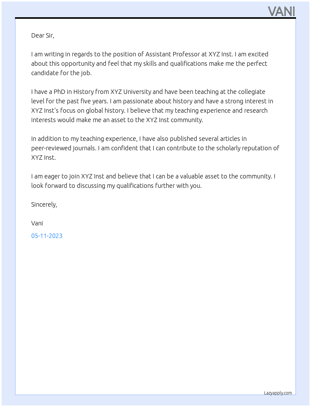 Assistant Professor At XYZ Inst Cover Letter