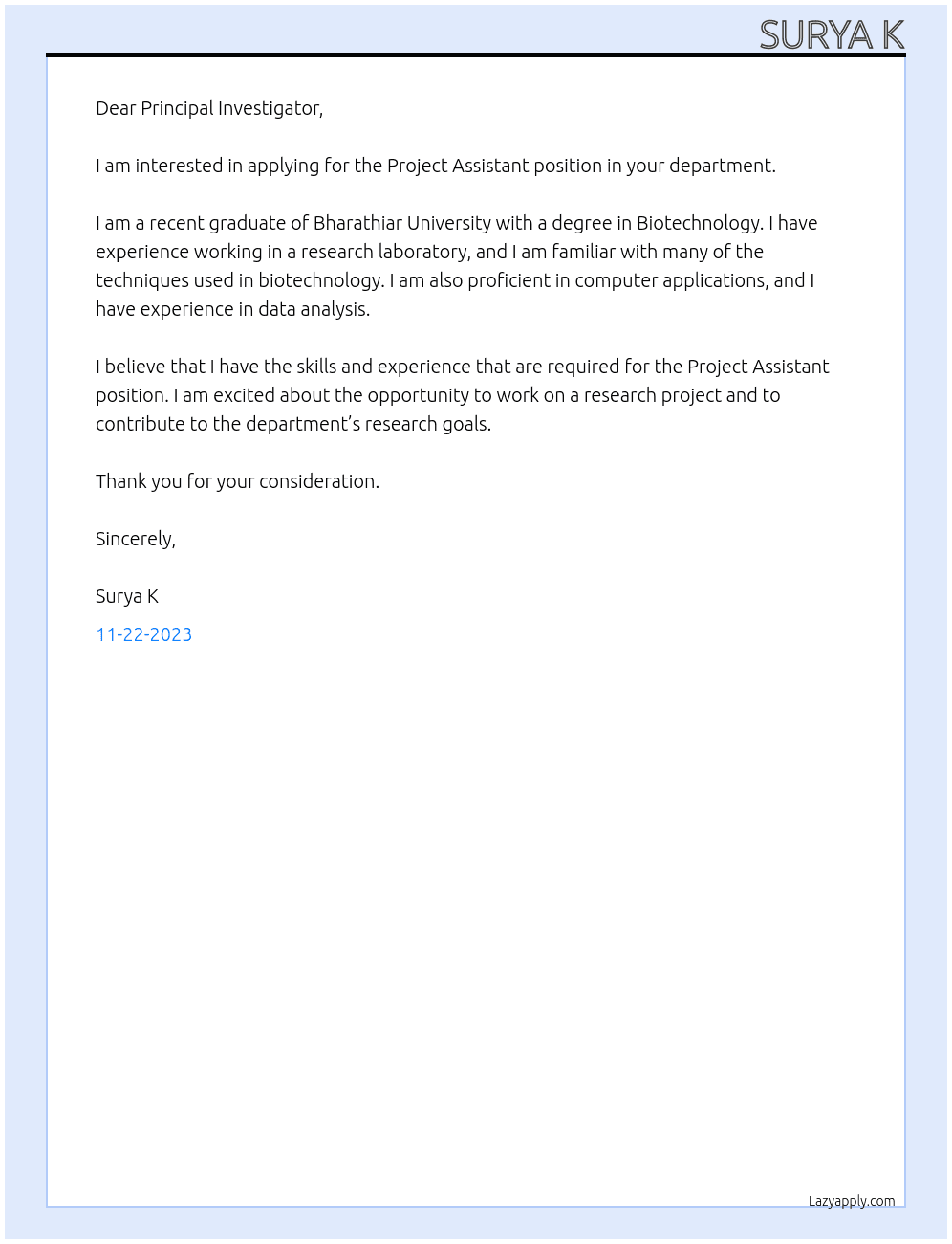  Project Assistant At Department Of Biotechnology, Bharathiar University Cover Letter