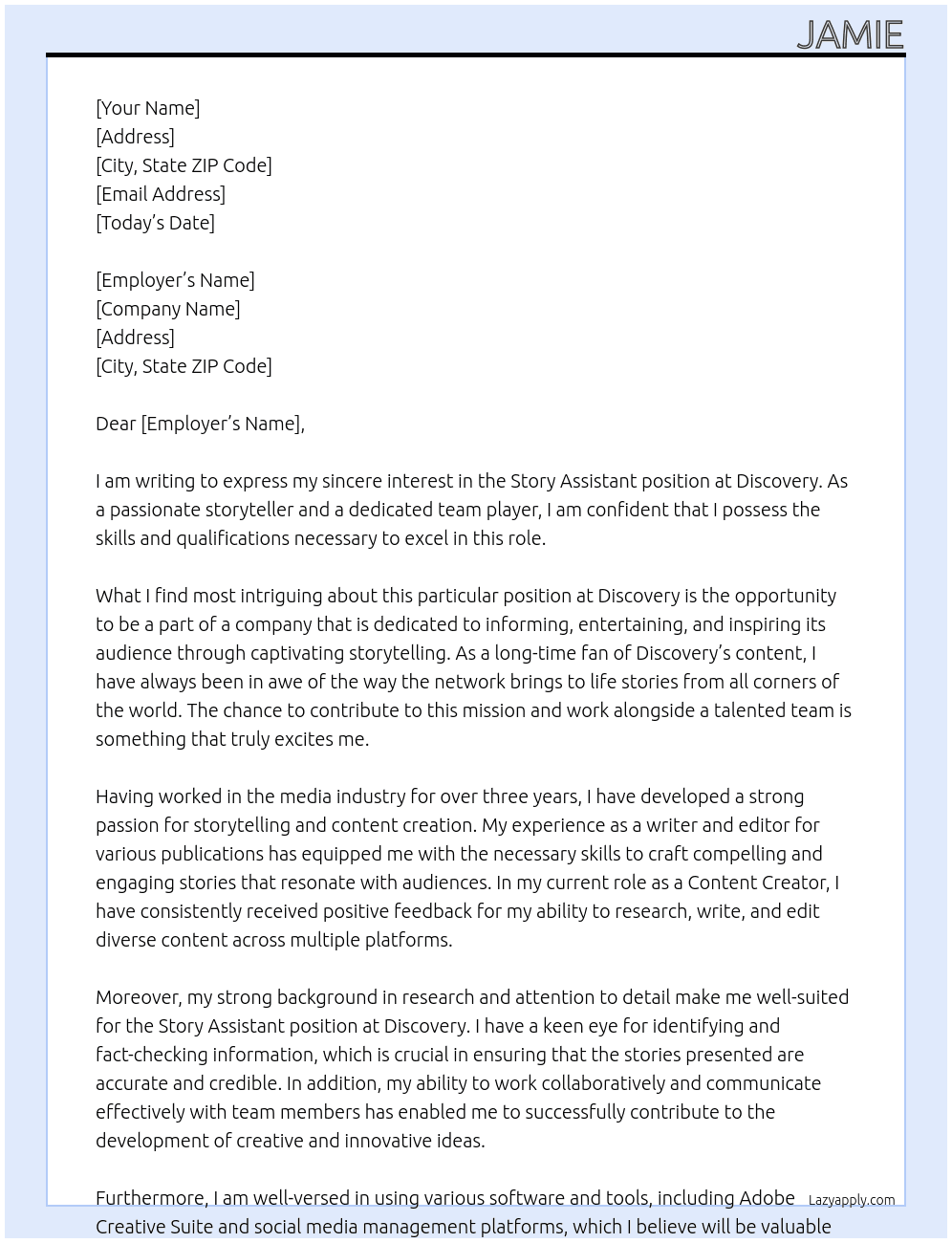 Story Assistant At Discovery Cover Letter