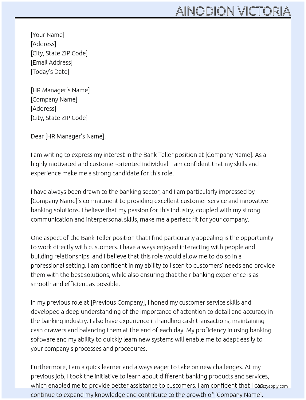 Bank teller  At Bank sector  Cover Letter